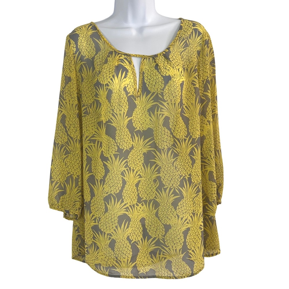 NWOT Banana Republic Women's XL Pineapple Print Semi-Sheer Blouse Yellow Grey
